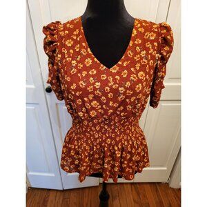 Rust Orange Yellow Floral Peplum Top Puff Sleeves  Smocking sz M Boho Cottage